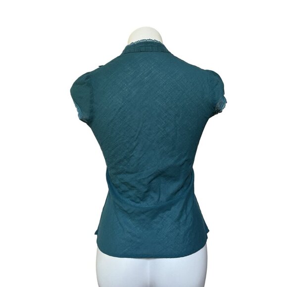 Vintage 90s Y2K Teal Cap Sleeve Slim Fit Feminine Blouse With Lace Accents - Picture 8 of 9
